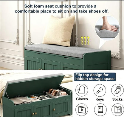 HOMEFORT 41.3" Shoe Bench with Lift Top Storage, Entryway Bench with Cushioned Seat, Wooden End of Bed Bench, Shoe Cabinet Bench with Hidden Storage Space, for Bedroom, Hallway,Green