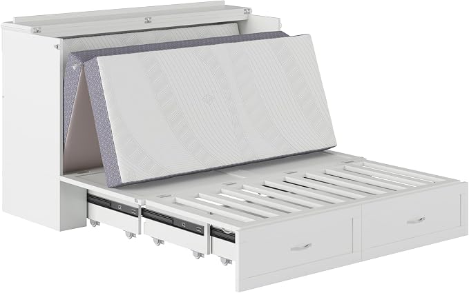 AFI Hamilton Queen Murphy Bed Chest with Mattress, Storage, and Built-in Charger in White