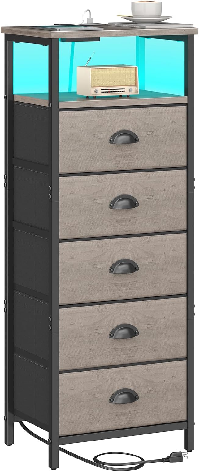 sthmec Nightstand with Charging Station,LED Grey Nightstand with 5 Fabric Drawers, Bedside End Tables, 2-Tier Open Storage Shelf Side Table Nightstand with Drawers for Bedroom, Grey