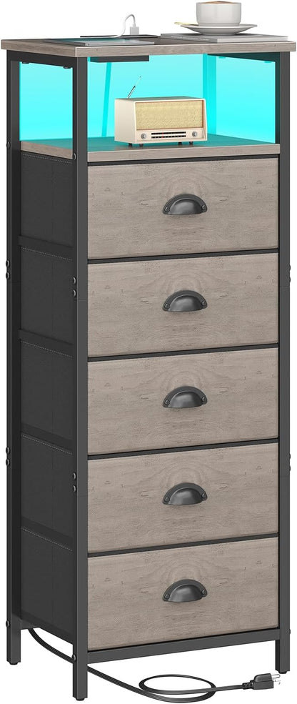 sthmec Nightstand with Charging Station,LED Grey Nightstand with 5 Fabric Drawers, Bedside End Tables, 2-Tier Open Storage Shelf Side Table Nightstand with Drawers for Bedroom, Grey