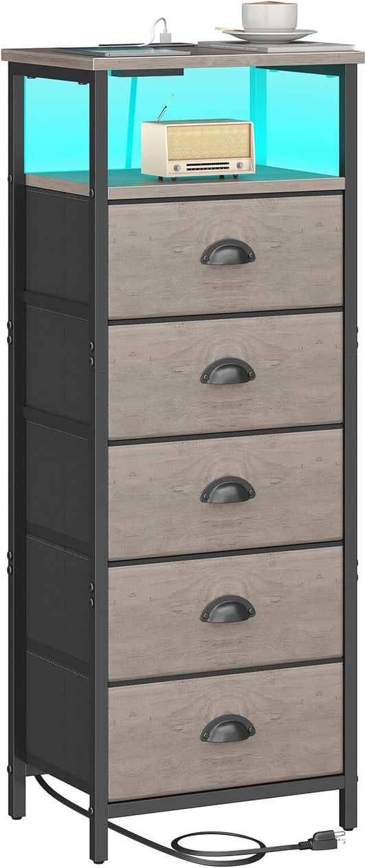 sthmec Nightstand with Charging Station,LED Grey Nightstand with 5 Fabric Drawers, Bedside End Tables, 2-Tier Open Storage Shelf Side Table Nightstand with Drawers for Bedroom, Grey