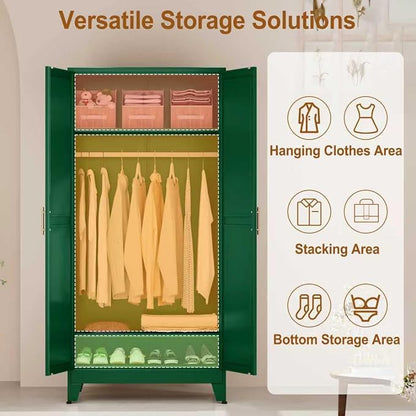Metal Armoire Wardrobe Closet Storage Cabinet with 2 Doors Green, 71'' Wardrobe Cabinet with Hanging Rod Metal Closet with 2 Adjustable Shelves for Bedroom, Laundry Room, Cloak Room
