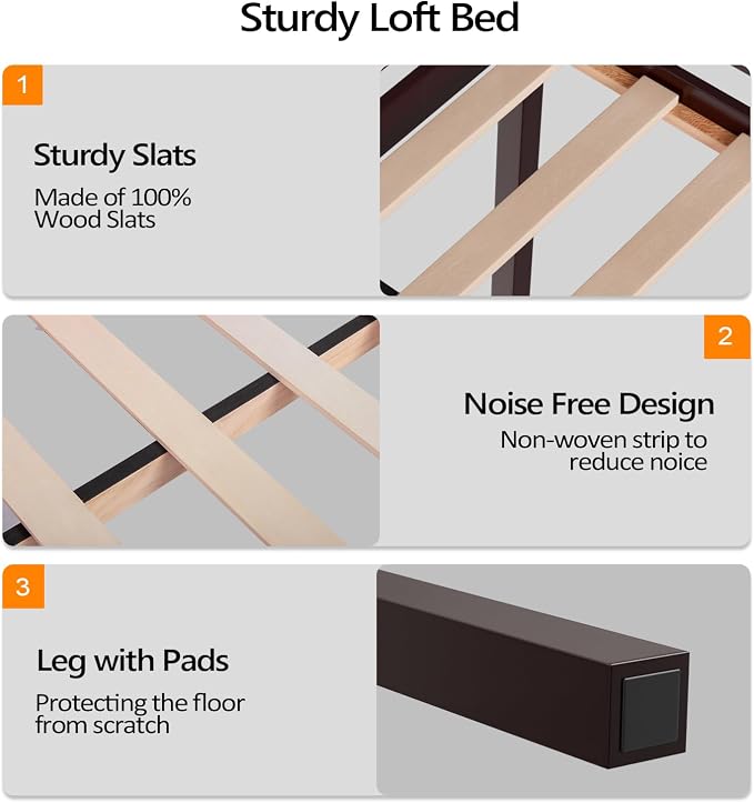VINGLI 47'' Tall Junior Low Loft Bed with Stairs, Wood Loft Bed Twin Size for Adults, Kids and Young Teens, No Box Spring Required,Wood Slat Support, Espresso