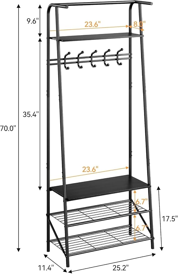 IDEALHOUSE Coat Rack Shoe Bench with 5 Hooks, Hall Trees Entryway Bench with Storage, Wood Look Accent Furniture with Metal Frame for Entryway, Living Room, Bedroom (Deep Black)