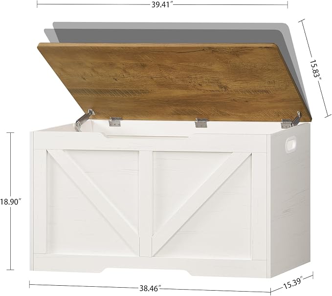 usikey 39.4" Storage Chest, Toy Box with 2 Safety Hinges, Lift Top Wooden Toy Chest, Storage Bench, for Living Room, Bedroom, Entryway, White+Honey Brown