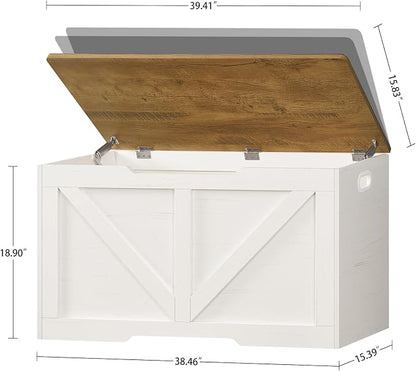 usikey 39.4" Storage Chest, Toy Box with 2 Safety Hinges, Lift Top Wooden Toy Chest, Storage Bench, for Living Room, Bedroom, Entryway, White+Honey Brown