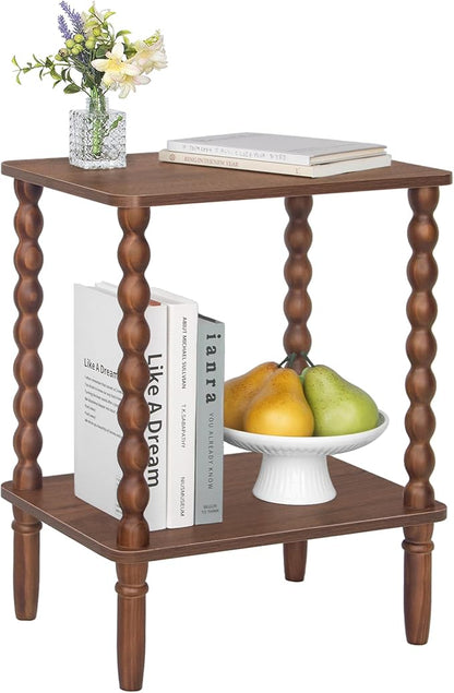Fultyle Small Side Table, Walnut End Table with 2-Tier Shelf, Vintage Nightstand Coffee Table for Bedroom, Living Room, Small Spaces (Walnut Brown)