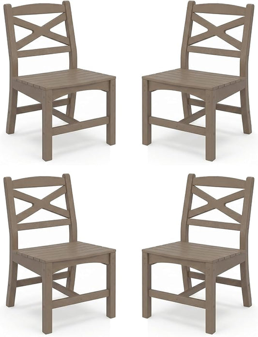 Outdoor Armless Dining Chairs Set of 4,HDPE Patio Chairs with Wide Seat,All-Weather HDPE Patio Armless Chairs for Porch, Backyard, Deck, White Brown, Table not Included