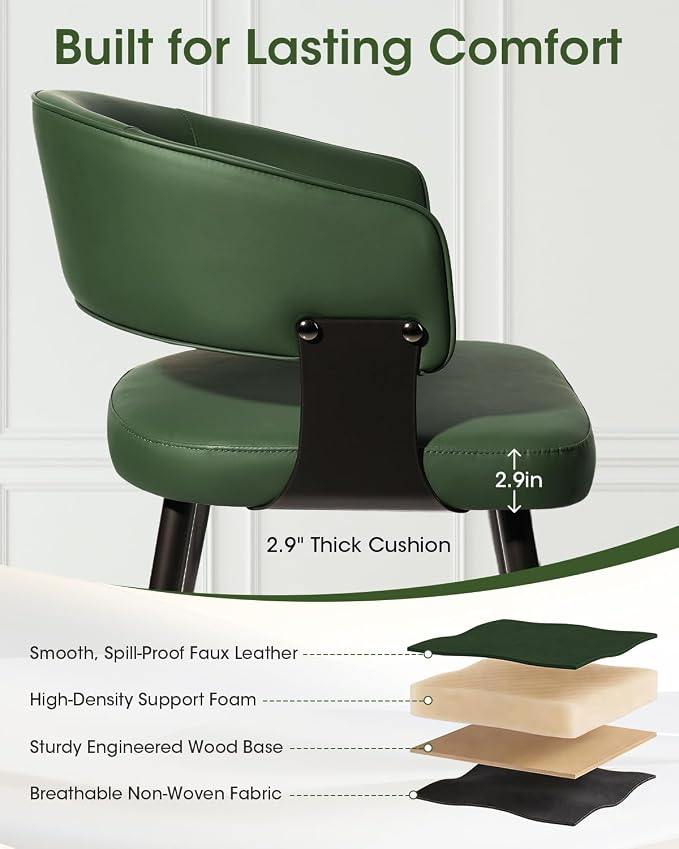 Dining Chairs Set of 6, Modern Upholstered PU Leather Kitchen & Dining Room Chairs with Curved Open Back Metal Legs, Kitchen Chairs for Dining Room Restaurant (Green, Set of 6)