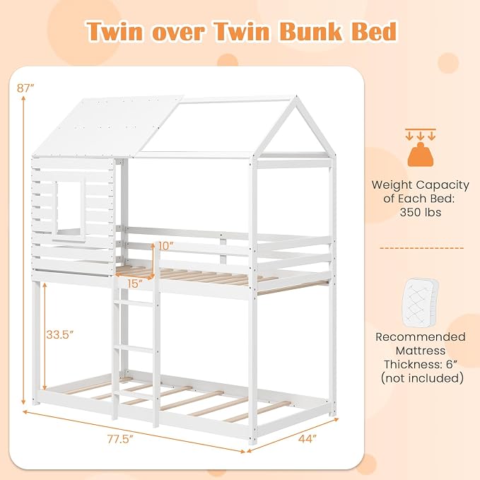 Giantex Wood Bunk Bed Twin Over Twin, House Bed Frame with Ladder and Guardrail, Floor Bunk Bed with Wood Slats for Kids, Girls, Boys, Dormitory and Bedroom, No Box Spring Needed, White