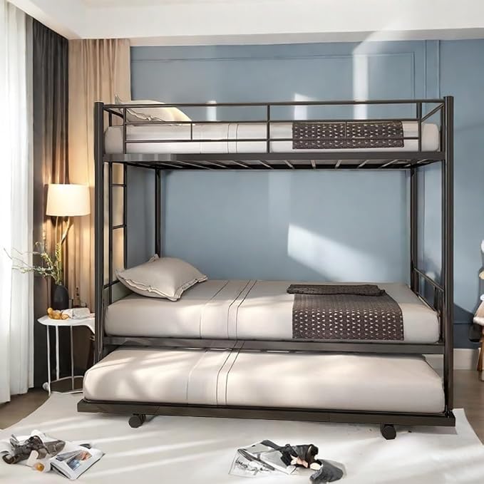 Twin Over Twin Bunk Bed Frame with Trundle,Metal Bunk Bed Bedframe with Guard Rail and Ladders for Adults,Can be Divided into 3 Beds, No Box Spring Needed,Space Saving Design