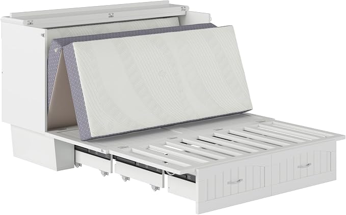 AFI, Nantucket Queen Murphy Bed Chest with Mattress, Storage Drawer and Built-In USB Charger, White