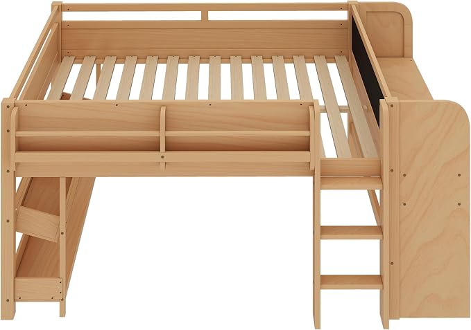 Bellemave Full Size Low loft Bed with Desk and bookcases, Boxes and Drawers for Kids,Wood Modern Farmhouse Kids Loft Beds with Shelf, Natural