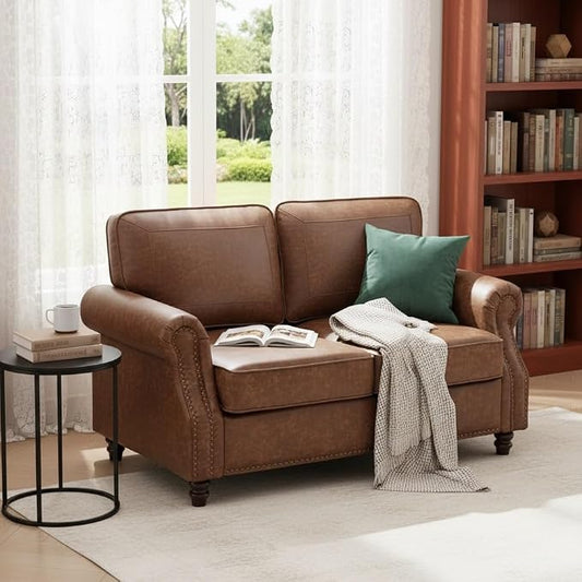 Kingfun Small Leather Loveseat, 57.9" Mid Century Modern Leather Couch for Living Room, Bedroom, Office, Love seat Sofas, Mini Sofa with Rolled Arms and Nailhead Trim, Dark Brown
