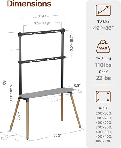 Easel Floor TV Stand with Storage for 49-86 inch TVs, Height Adjustable 4-Leg Universal TV Stand with Cable Management & Protective Pads, Holds 110 lbs for Living Room, Office, School, Black