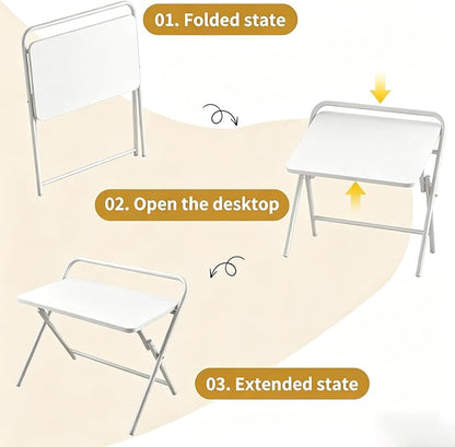 Folding Table, Small Computer Desk, Foldable Desk for Bedroom, Mini Desk for Home Office&Study, 24x16 Inches, No Assembly Required, Wood Top with Metal Frame, White