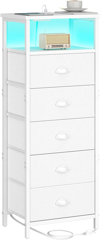 sthmec Nightstand with Charging Station,LED White Nightstands with 5 Fabric Drawers PU Finish, Bedside End Tables, 2-Tier Open Storage Shelf Side Table Nightstand with Drawers for Bedroom,White