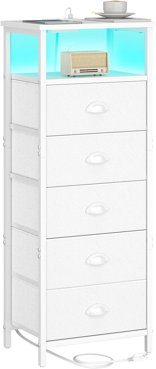 sthmec Nightstand with Charging Station,LED White Nightstands with 5 Fabric Drawers PU Finish, Bedside End Tables, 2-Tier Open Storage Shelf Side Table Nightstand with Drawers for Bedroom,White