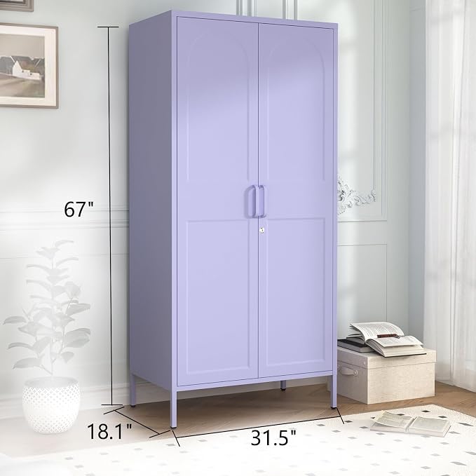 Lockable Closet Metal Wardrobe 67" Purple 2 Door Wardrobe Bedroom Storage Cabinet Adjustable shelf Multi functional metal Storage Cabinet with hanging rail for domestic use 18.1" D x 31.5" W x 67" H