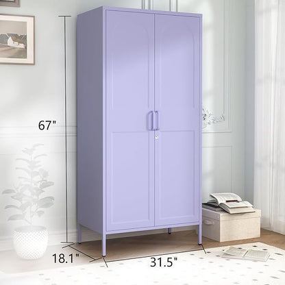 Lockable Closet Metal Wardrobe 67" Purple 2 Door Wardrobe Bedroom Storage Cabinet Adjustable shelf Multi functional metal Storage Cabinet with hanging rail for domestic use 18.1" D x 31.5" W x 67" H