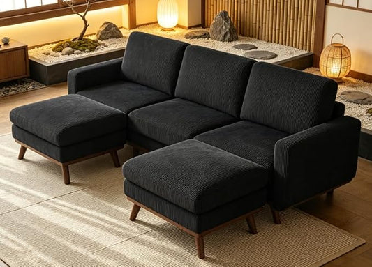 Convertible U-Shaped Corduroy Sectional Sofa, 3-Seater Couch with 2 Ottomans, FSC Solid Wood Frame, Spring Cushions, Black