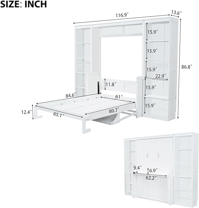 MERITLINE Queen Murphy Bed with Desk and Storage Bookcase,Wood Murphy Wall Bed Cabinet with with Storage Shelves Cabinet for Adults (Queen,White)