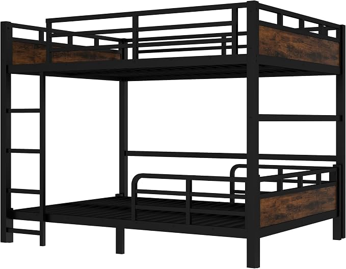 Queen Over Queen Metal Bunk Bed, Heavy Duty Convertible Bunk Bed Frame with Headboard & Full Guardrails, Can Be Split into Two Platform Beds or Loft Bed, Vintage