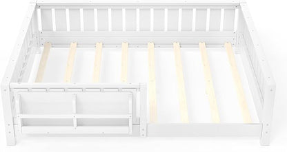 Bellemave Full Size Floor Bed with Slats and Guardrails, Full Size Montessori Floor Bed with Bookcase and Fence, Low Profile Montessori Beds for Kids, White Floor Beds Frame