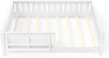 Bellemave Full Floor Bed with high Rails and with Built-in Bookshelf for Kids, Girls, Boys, Wood Montessori Floor Bed Without Door, White