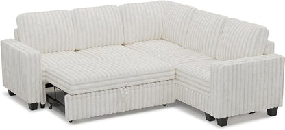 Belffin Plush Corduroy Modular Sectional Sofa with Pull Out Bed Convertible Small Sectional Corner Couch for Living Room Beige Couch