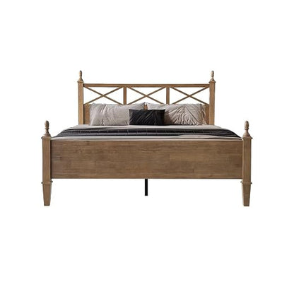 Queen Size Platform Bed Frame, Solid Wood with Headboard & Footboard, Center Metal Legs, 12 Strong Slatted Base, Anti-Noise & Slip-Free, Easy Assembly, No Box Spring Needed, Barnwood Finish RIQ-30