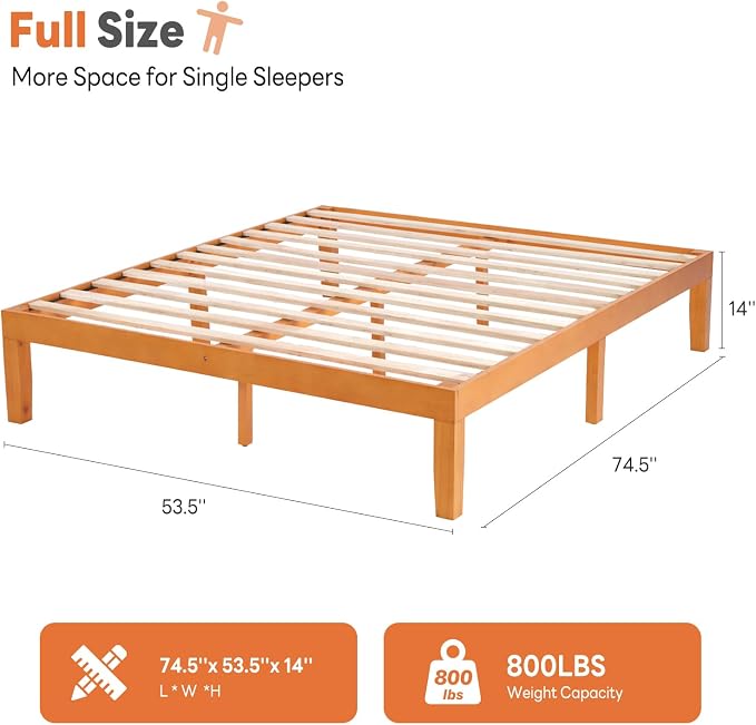 Sweetcrispy Full Size Bed Frame 14 inch Heavy Duty Platform Bedframe, 1000 lbs Capacity, Underbed Storage, No Box Spring Needed, Wooden Slats, Easy Assembly with Velcro, Honey Finish