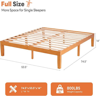Sweetcrispy Full Size Bed Frame 14 inch Heavy Duty Platform Bedframe, 1000 lbs Capacity, Underbed Storage, No Box Spring Needed, Wooden Slats, Easy Assembly with Velcro, Honey Finish