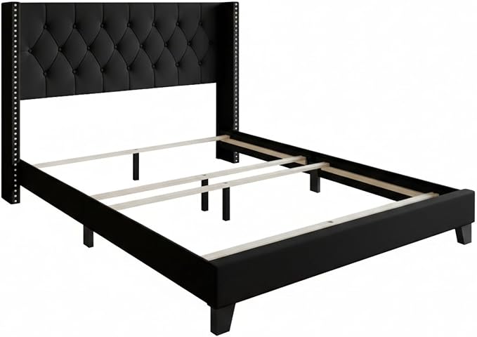 HOME DESIGN Homer Twin Tufted Wingback Upholstered Panel Bed with 2 Matching 1 Drawer Nightstands, Bedroom Furniture Set with Open Shelf Storage, Black Brown