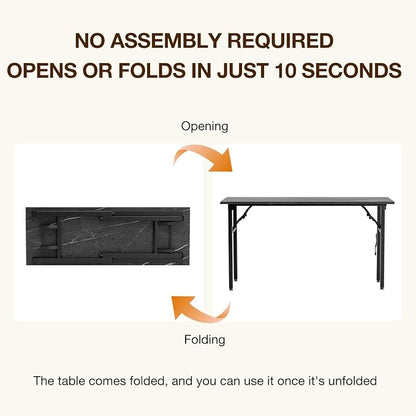 TEMI Small Computer Desk Folding Table - No Assembly, Compact 55.1" Foldable Desk with Power Outlets & USB Charging Port, Portable Small Office Desk, Ideal Mini Study Table, Marble Greige