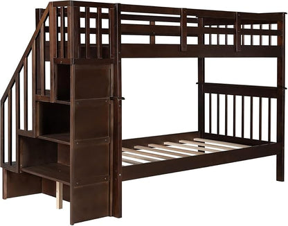 MERITLINE Twin Over Twin Bunk Bed with Storage Staircase, Solid Wood Stairway Convertible Bunk Bed with Stairs (Twin Over Twin,Espresso)