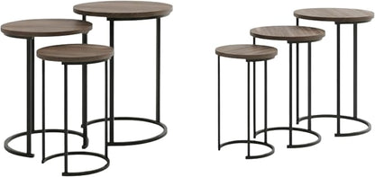 Lavish Home Nesting Tables - Set of 6 Round Side Tables with Woodgrain-Look Tops and Black Metal Frames – Modern Accent & End Table Set for Living Room, Bedroom, or Home Office (Gray/Brown)