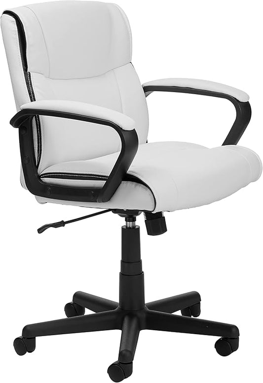 Amazon Basics Office Task Chair with Adjustable Height, 360° Swivel, Padded Armrests, Mid-Back, 275 Pound Capacity, BIFMA Certified, 24.2"D x 24"W x 38.6"H, White Faux Leather