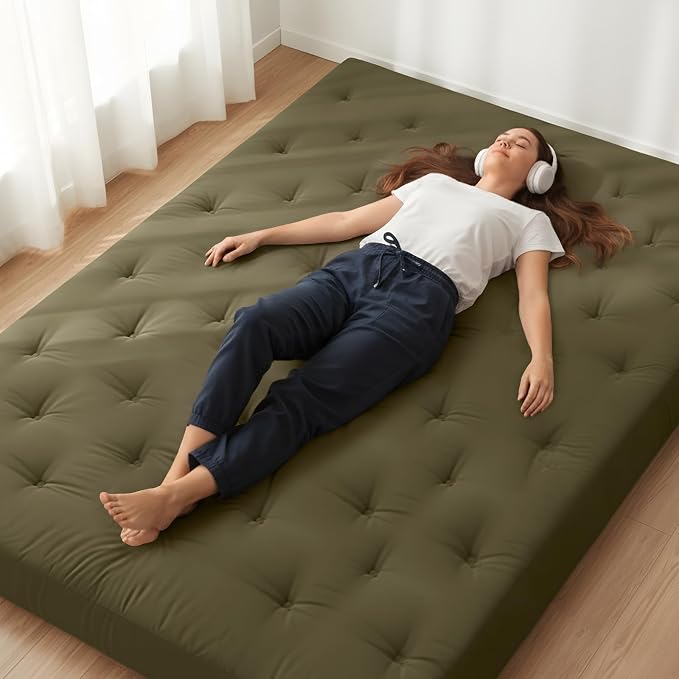 ZonLi Japanese Floor Futon Mattress Twin Size 39"x75"100% Cotton Cover 6''Thicken Tatami Mattress,Foldable Sleeping Pad,Portable Dormitory Tatami Mat,Roll Up Floor Lounger Bed for Adult (Winter Moss)