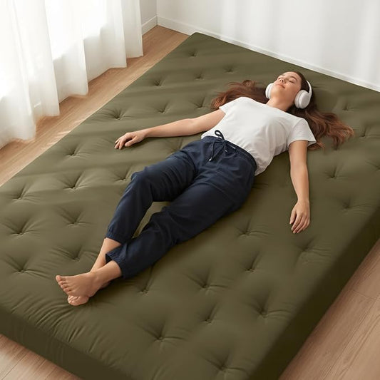 ZonLi Japanese Floor Futon Mattress Twin Size 39"x75"100% Cotton Cover 6''Thicken Tatami Mattress,Foldable Sleeping Pad,Portable Dormitory Tatami Mat,Roll Up Floor Lounger Bed for Adult (Winter Moss)