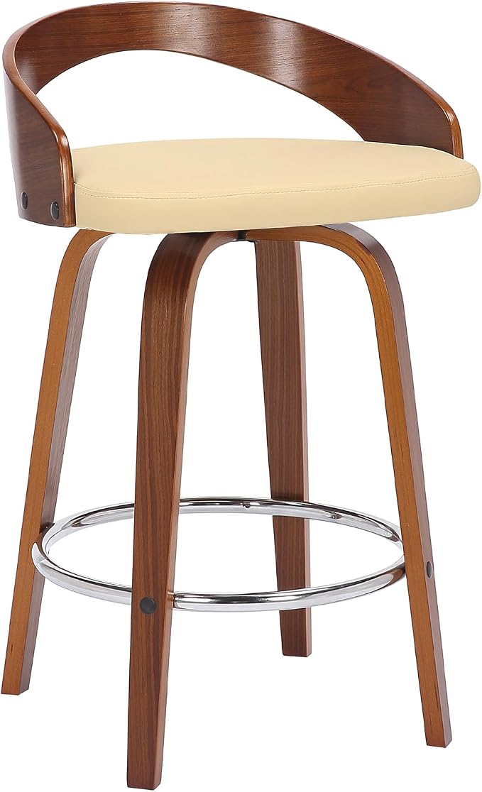 Armen Living Sonia 26" Counter Height Swivel Cream Faux Leather and Walnut Wood Bar Stool