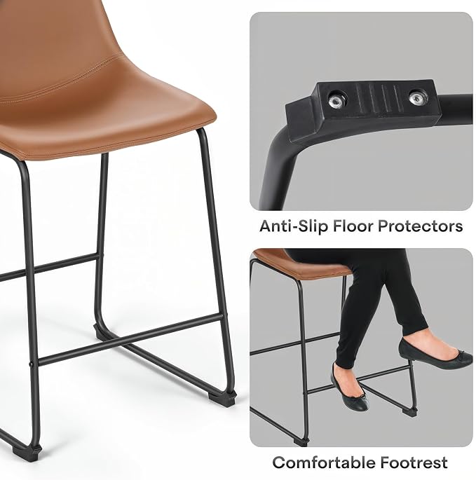 Athena Collection 23'' Counter Height Bar Stools Bar Chairs Set of 2 Modern PU Leather Bucket Chairs with Back Soft Foam Filled Metal Frame Bar Stools with Footrest for Pub, Bistro, Kitchen, Brown