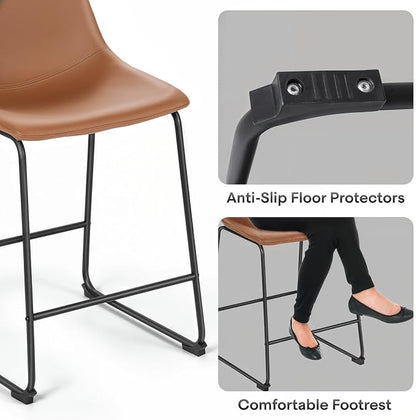 Athena Collection 23'' Counter Height Bar Stools Bar Chairs Set of 2 Modern PU Leather Bucket Chairs with Back Soft Foam Filled Metal Frame Bar Stools with Footrest for Pub, Bistro, Kitchen, Brown