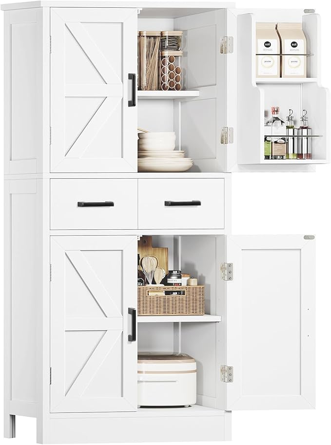 TEENFON Pantry Cabinet with 2 Drawers, Kitchen Storage Cabinet with 4 Door Shelves, Kitchen Pantry for Living Room, Dining Room, Bathroom, White