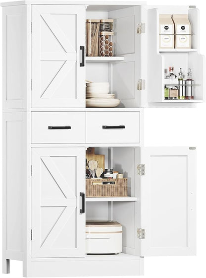 TEENFON Pantry Cabinet with 2 Drawers, Kitchen Storage Cabinet with 4 Door Shelves, Kitchen Pantry for Living Room, Dining Room, Bathroom, White