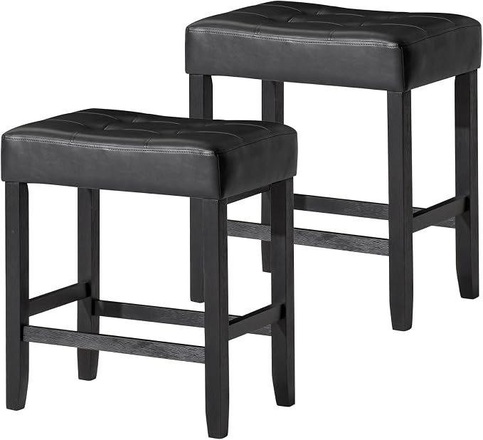 Carte: A La Carte Home Harper 26 Inch Tall Counter Height Backless Stool in Rustic Black Finish, Distressed Black Vegan Leather Upholstered Seat, Set of 2