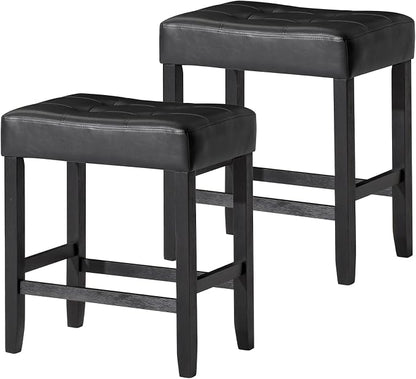Carte: A La Carte Home Harper 26 Inch Tall Counter Height Backless Stool in Rustic Black Finish, Distressed Black Vegan Leather Upholstered Seat, Set of 2