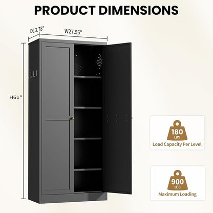 Kitchen Pantry Cabinet, 61" H Storage Cabinet with Doors and Adjustable Shelves, Spacious Cupboard with 2 Handles, Metal Kitchen Cabinet for Dining Room, Living Room,Black