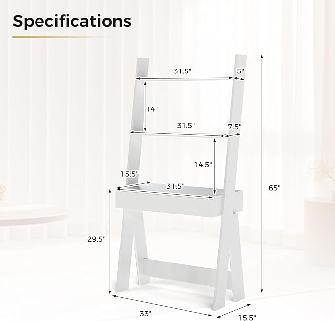 Tangkula Ladder Desk with Countertop & Drawer, Home Office Computer Laptop Table with Open Shelves & Anti-Tip Kits, Wall-Leaning Compact Working Station for Small Spaces (White)