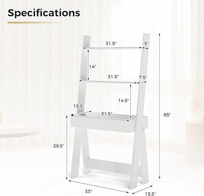 Tangkula Ladder Desk with Countertop & Drawer, Home Office Computer Laptop Table with Open Shelves & Anti-Tip Kits, Wall-Leaning Compact Working Station for Small Spaces (White)
